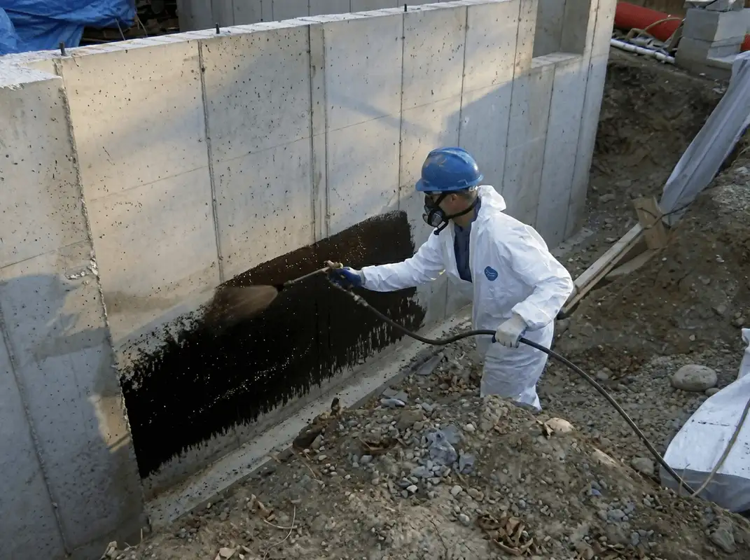 Professional waterproofing the exterior walls of the basement in Des Moines, IA