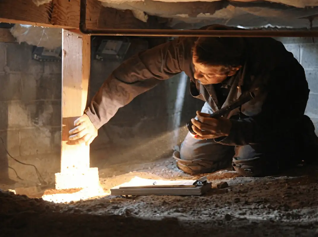 A professional inspecting wooden beams under the floor of a structure in Des Moines, IA